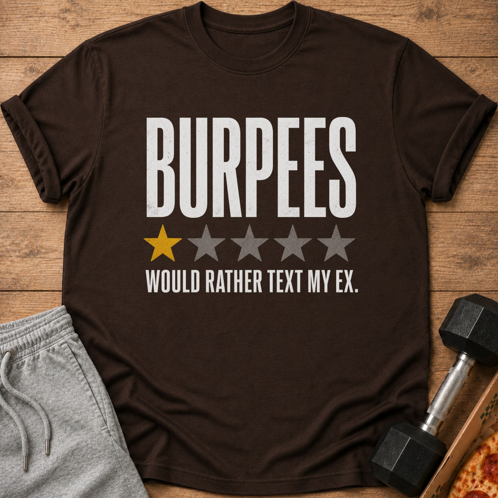 Brown t-shirt with "BURPEES" and one yellow star rating.