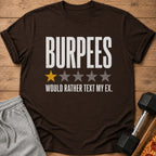 Brown t-shirt with "BURPEES" and one yellow star rating.