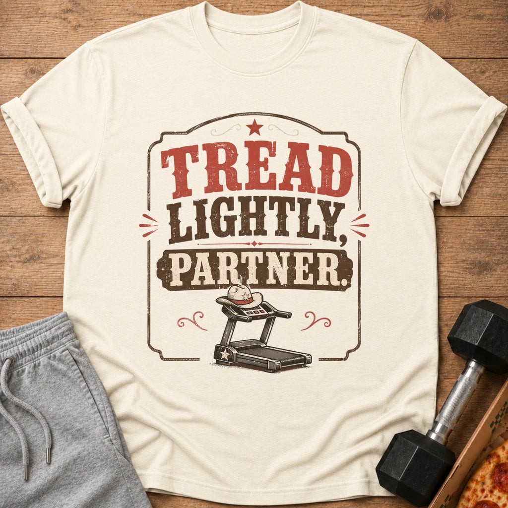 Tread lightly, partner text with cowboy hat on a treadmill graphic.