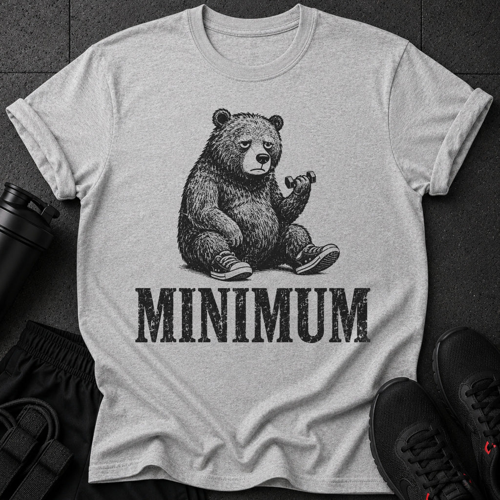 T-shirt with graphic of a bear holding dumbbell and text "MINIMUM".