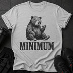 T-shirt with graphic of a bear holding dumbbell and text "MINIMUM".