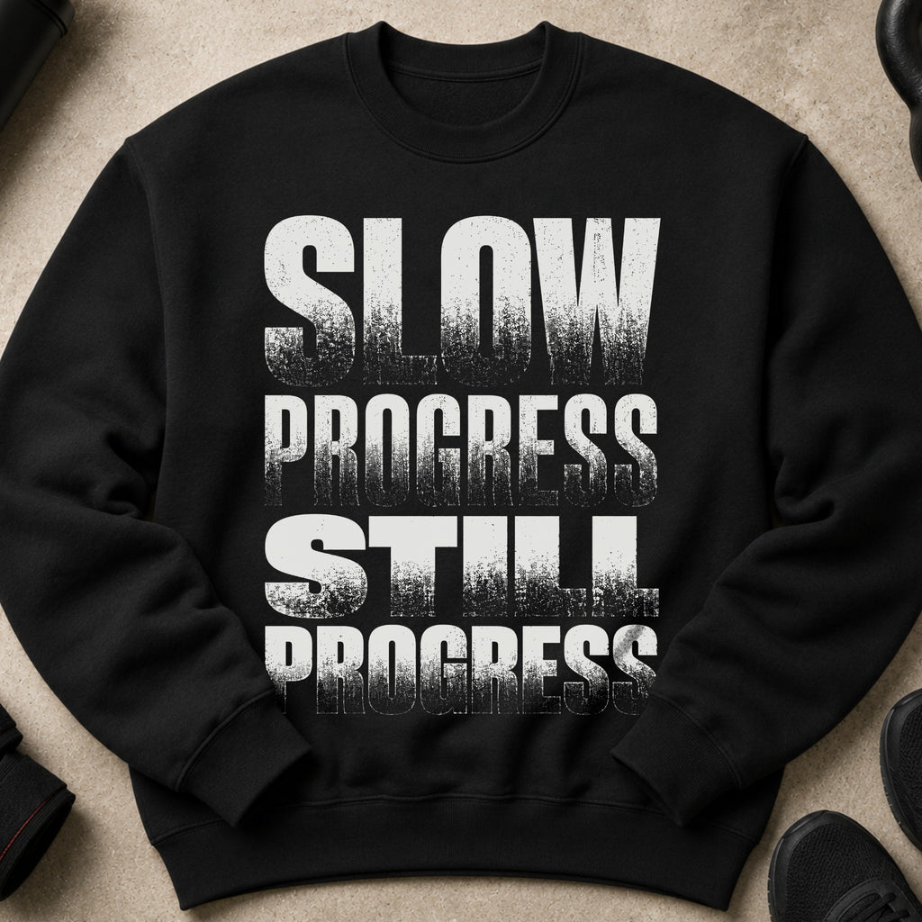 Black crewneck sweatshirt with bold white text reading "SLOW PROGRESS STILL PROGRESS".