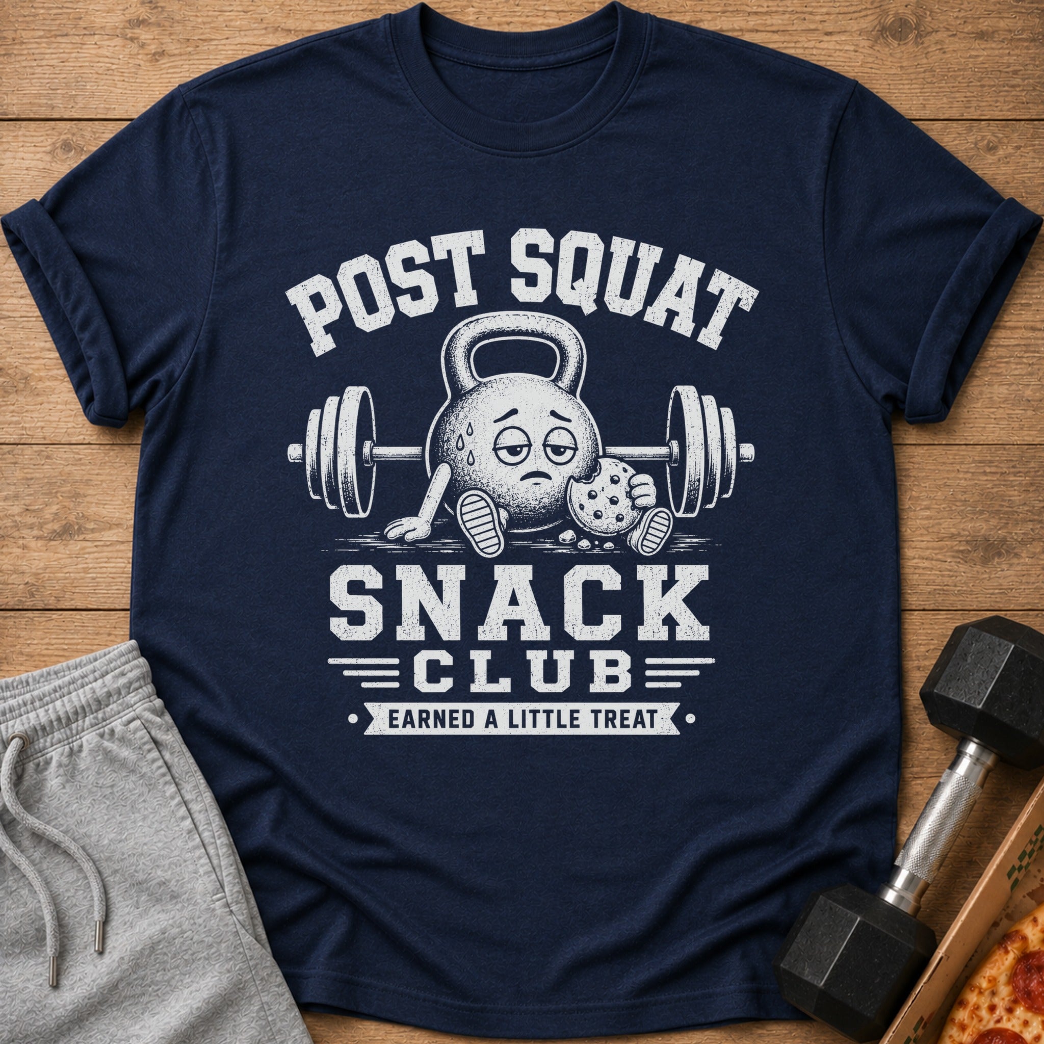 Navy t-shirt with "Post Squat Snack Club" text and tired kettlebell graphic.