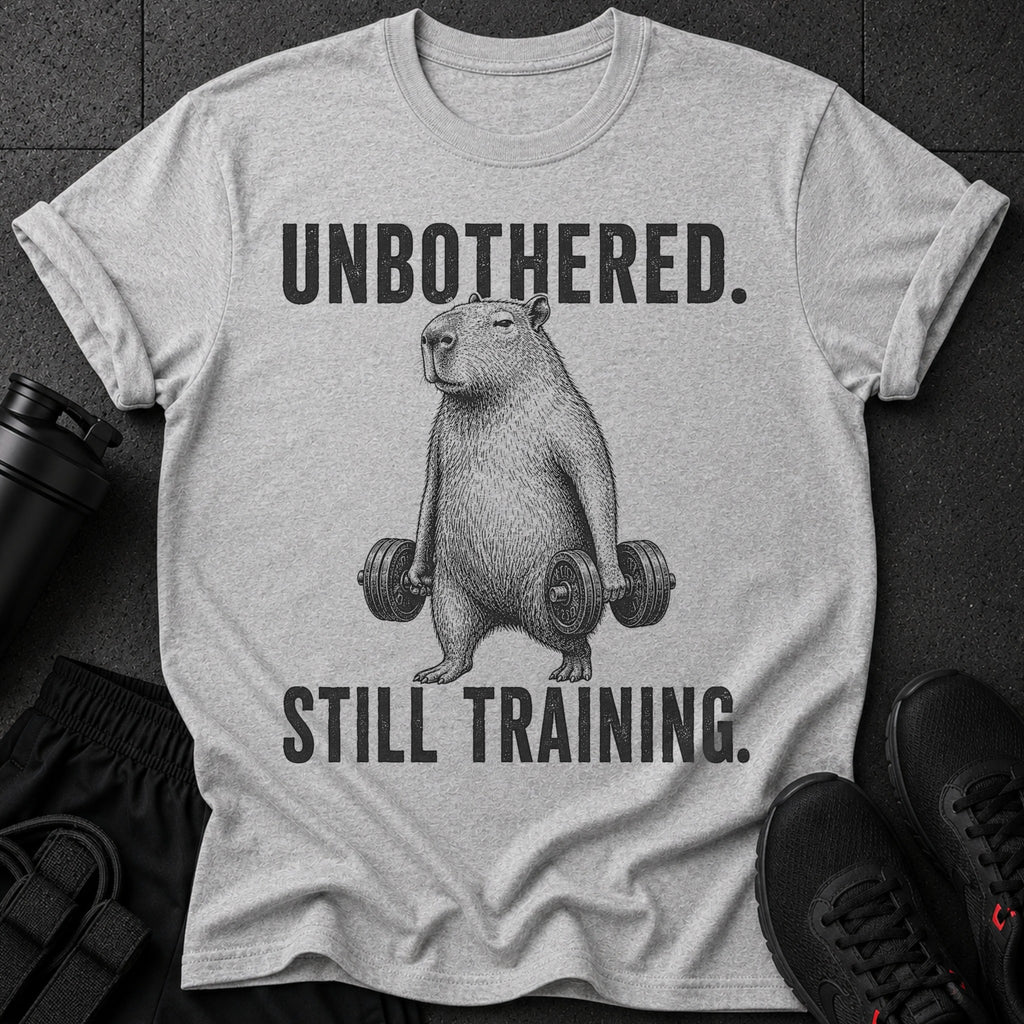 T-shirt with a capybara lifting dumbbells and text "UNBOTHERED. STILL TRAINING."