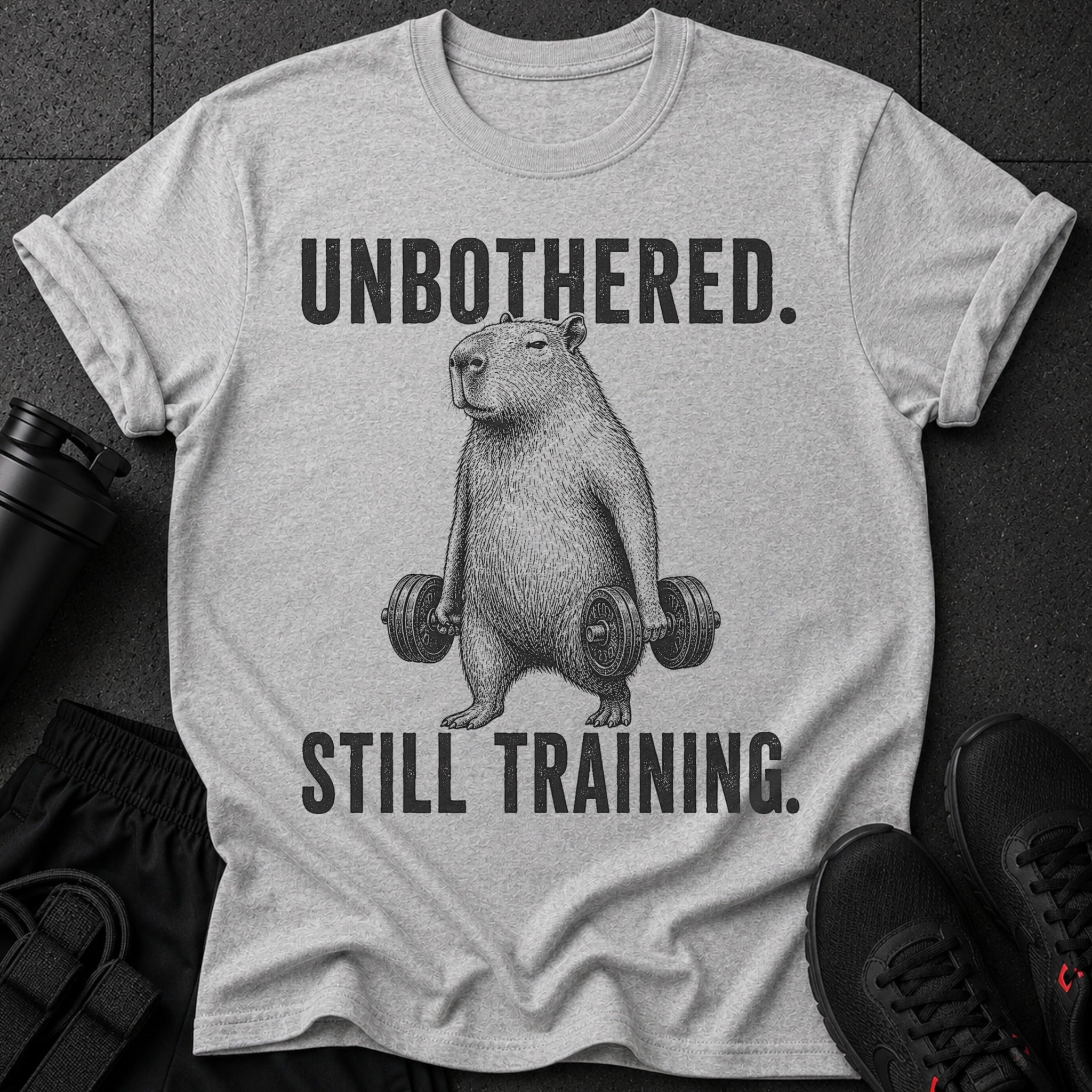 T-shirt with a capybara lifting dumbbells and text "UNBOTHERED. STILL TRAINING."