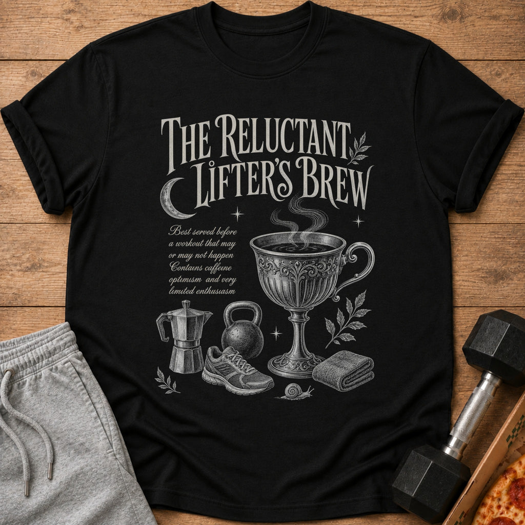 Black t-shirt with "The Reluctant Lifter's Brew" text and workout graphics.