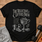 Black t-shirt with "The Reluctant Lifter's Brew" text and workout graphics.
