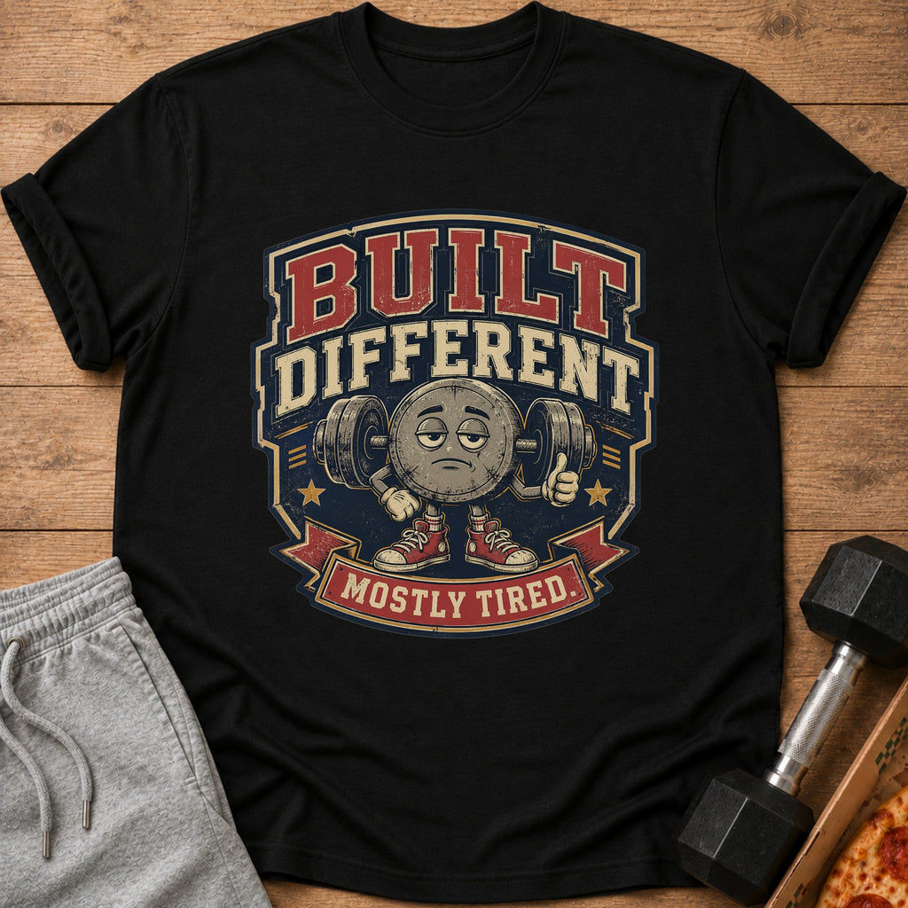 Black t-shirt with a cartoon barbell character saying "BUILT DIFFERENT MOSTLY TIRED."