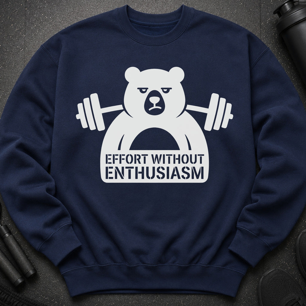 Navy sweatshirt with a white graphic of a grumpy bear holding a barbell and text.