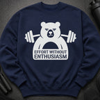 Navy sweatshirt with a white graphic of a grumpy bear holding a barbell and text.