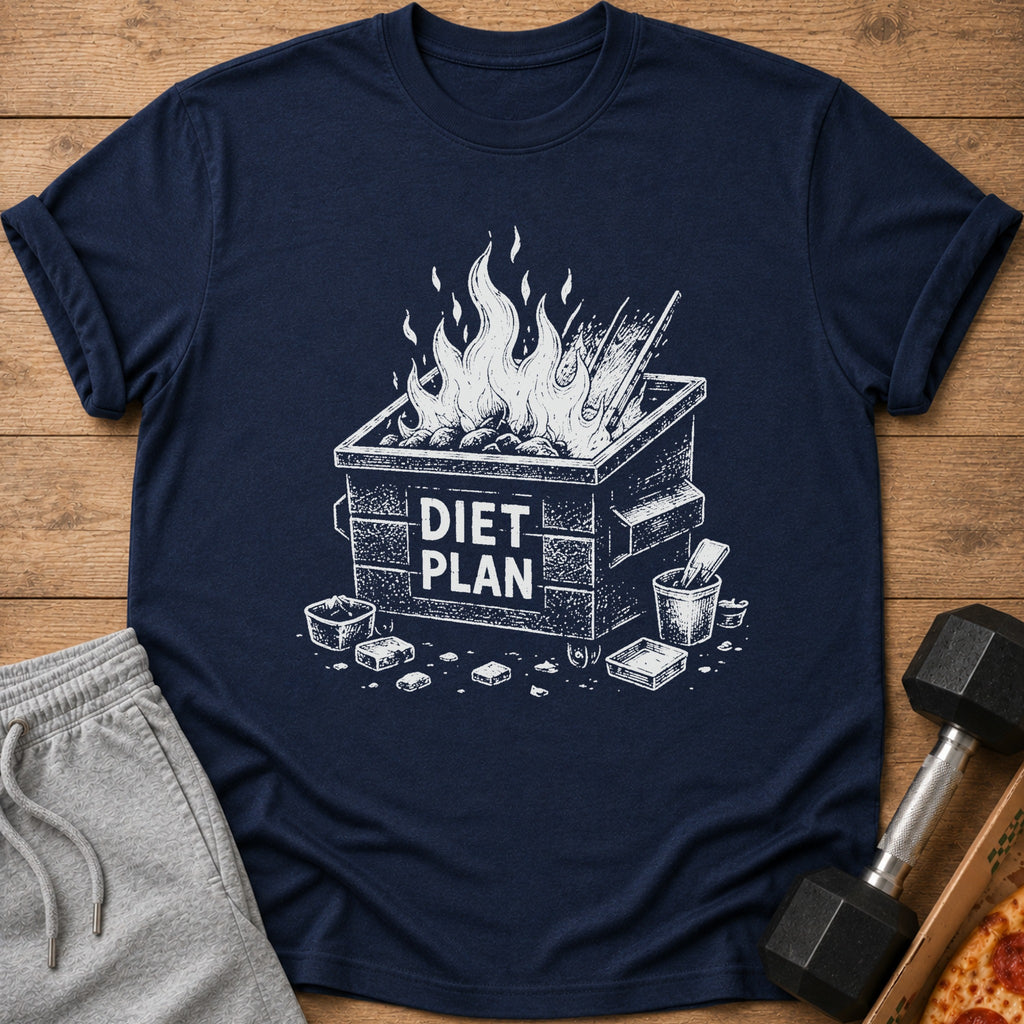 Navy t-shirt with a dumpster fire graphic that reads "DIET PLAN".