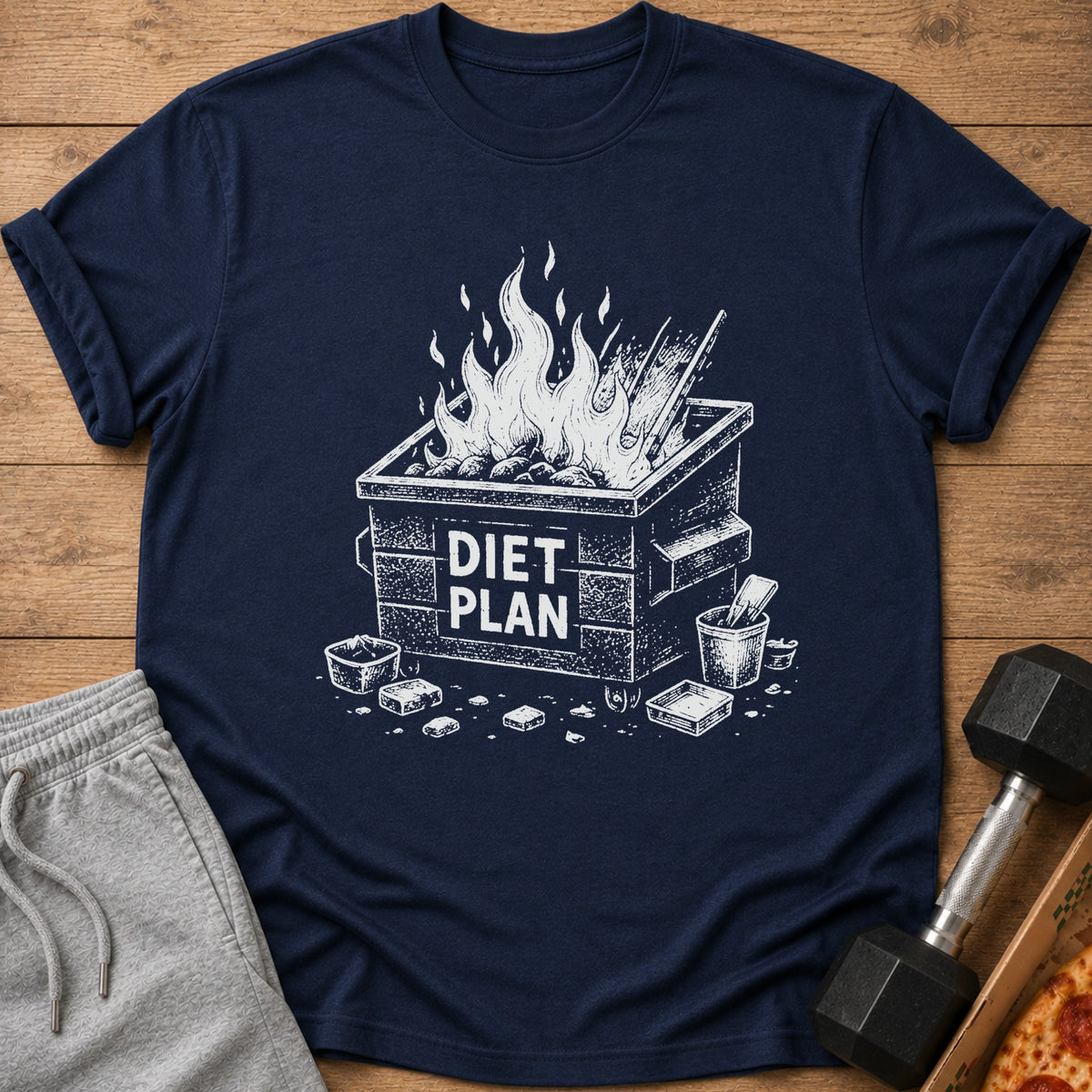 Navy t-shirt with a dumpster fire graphic that reads "DIET PLAN".