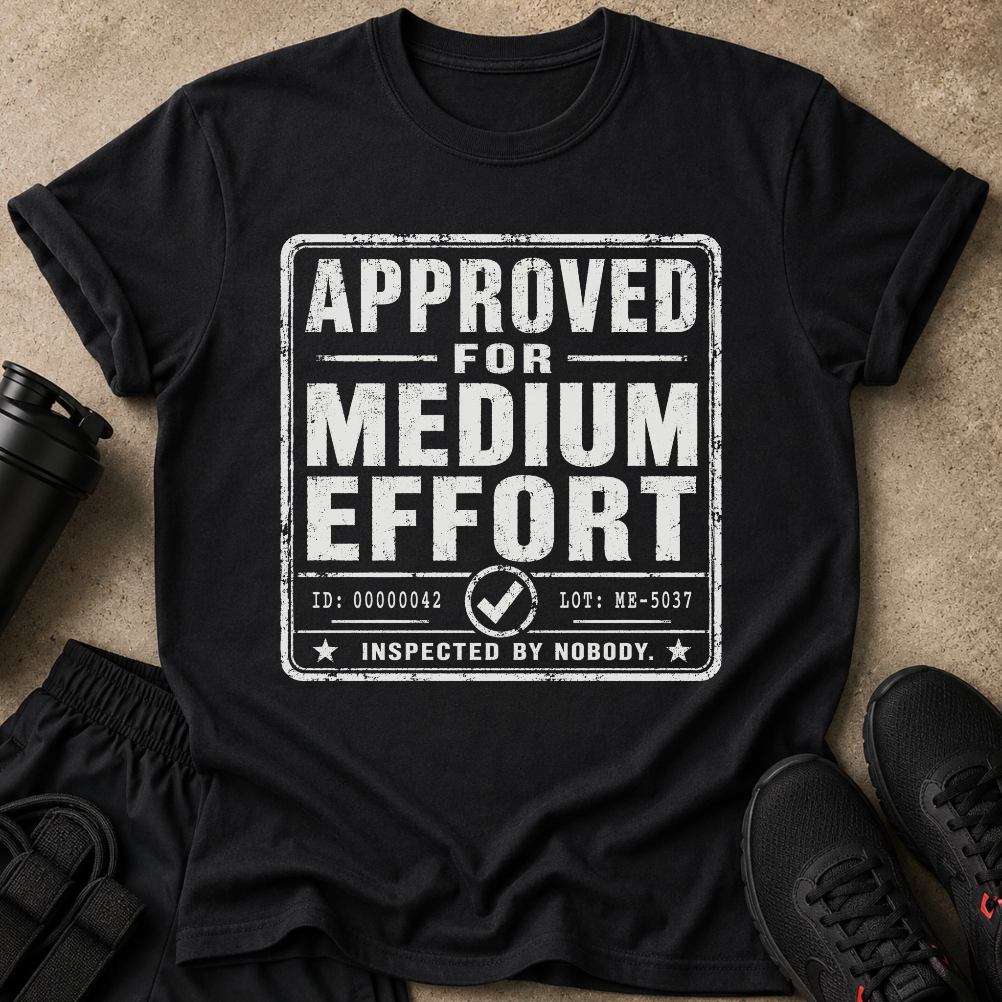 Black t-shirt with distressed text "APPROVED FOR MEDIUM EFFORT INSPECTED BY NOBODY."