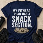 Navy t-shirt with "My Fitness Plan Has A Snack Section" and snacks.