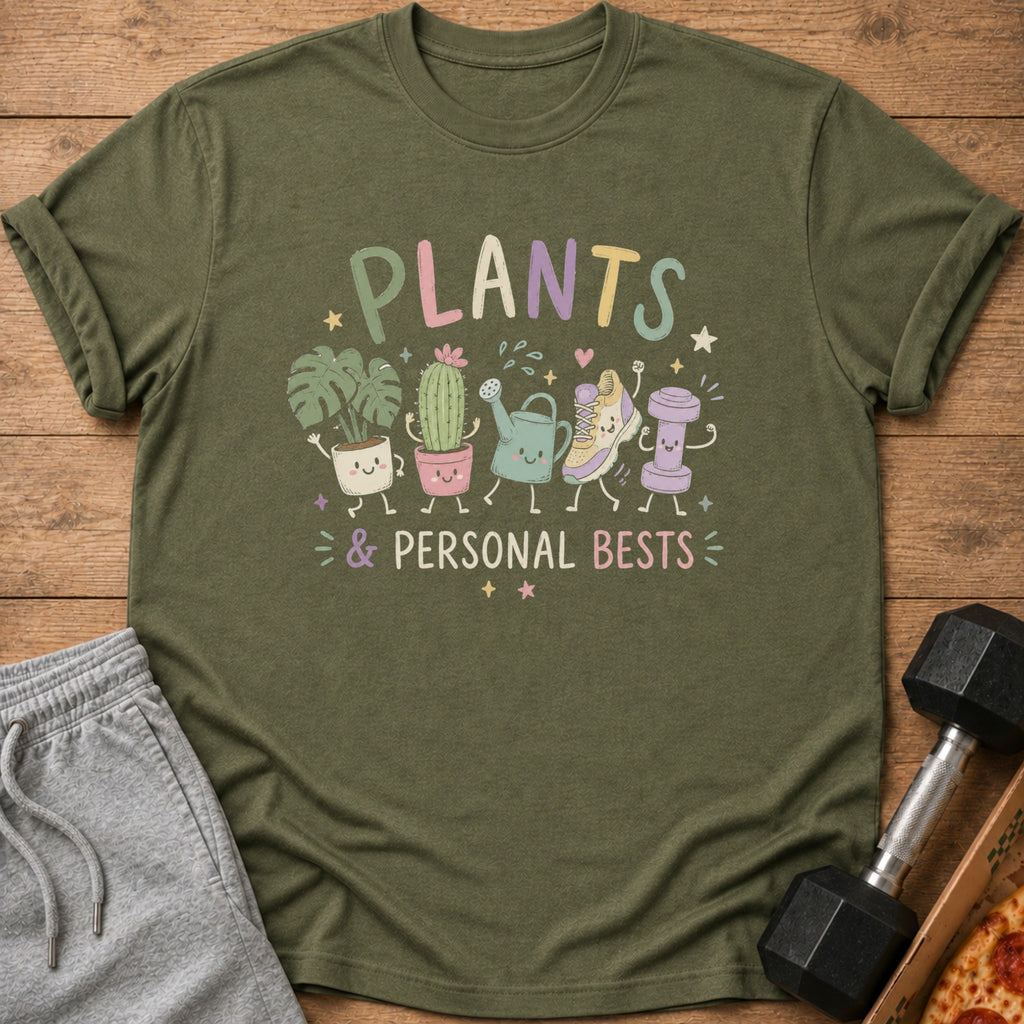 Green t-shirt with cartoon plants, watering can, shoe, and dumbbell saying "PLANTS & PERSONAL BESTS".