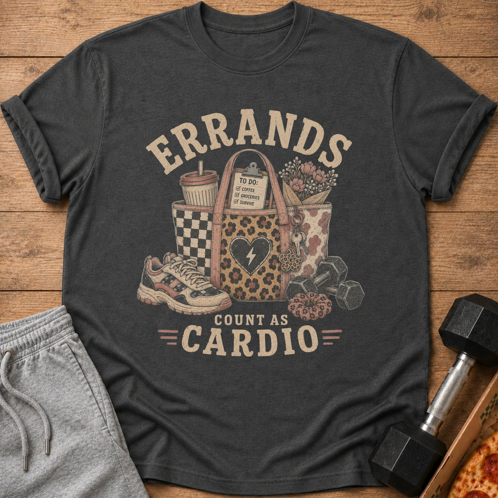 "Errands count as cardio" graphic on a charcoal t-shirt with workout and lifestyle items.