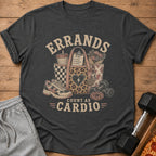 "Errands count as cardio" graphic on a charcoal t-shirt with workout and lifestyle items.