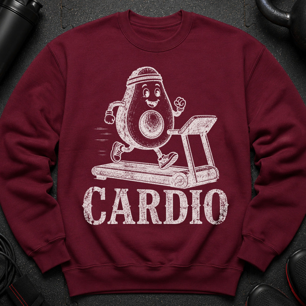 Maroon sweatshirt with distressed print of cartoon avocado running on treadmill.