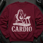 Maroon sweatshirt with distressed print of cartoon avocado running on treadmill.