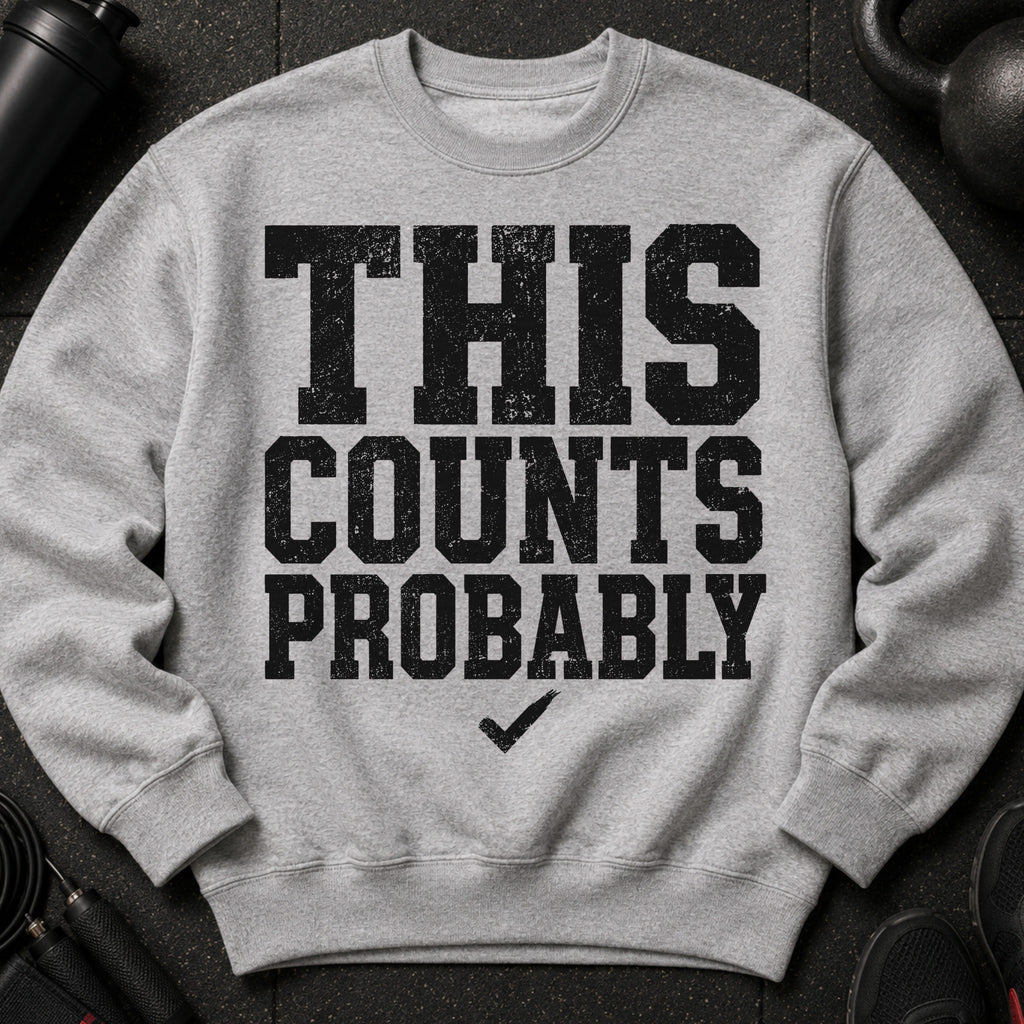 Grey sweatshirt with black distressed text "THIS COUNTS PROBABLY" and a checkmark.