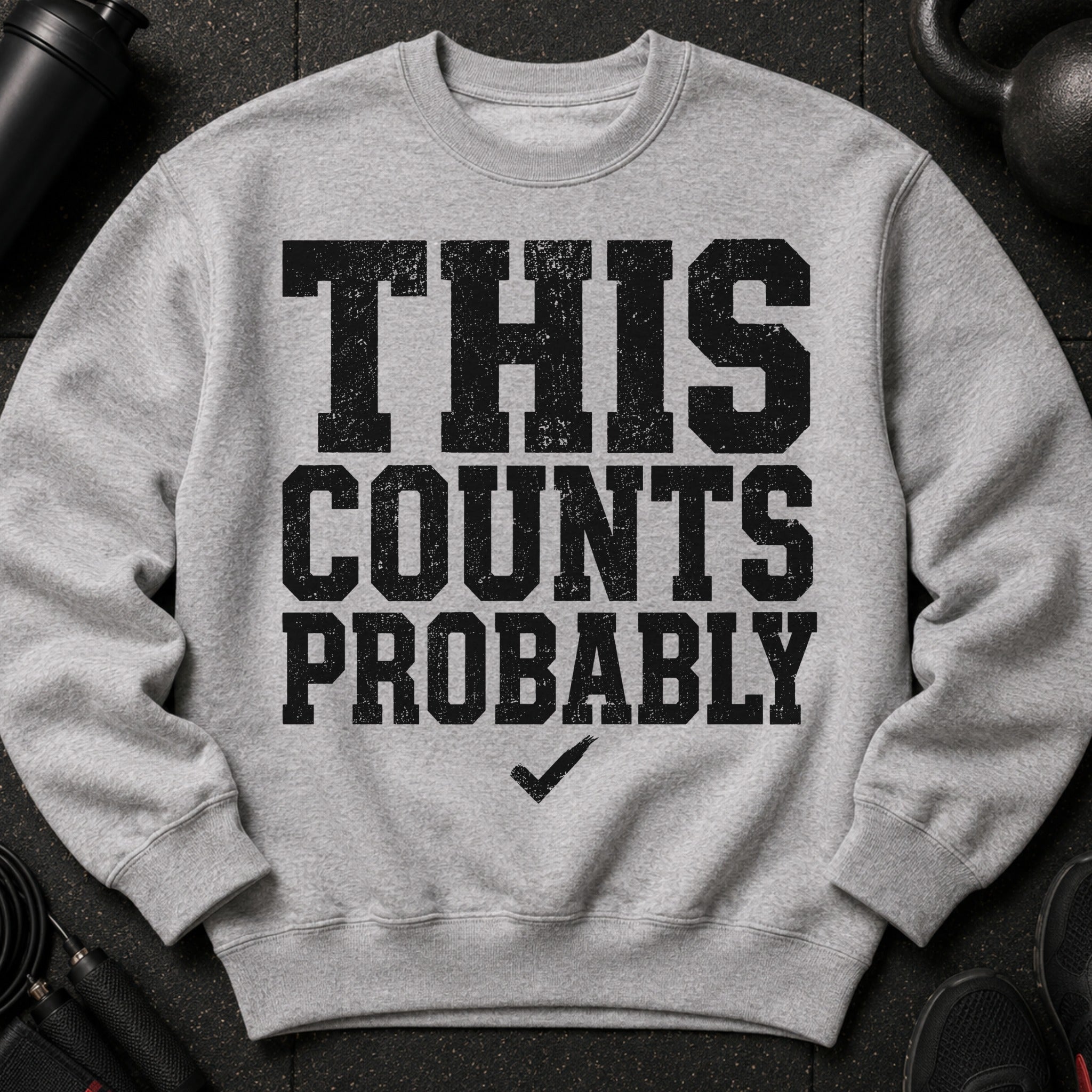 Grey sweatshirt with black distressed text "THIS COUNTS PROBABLY" and a checkmark.