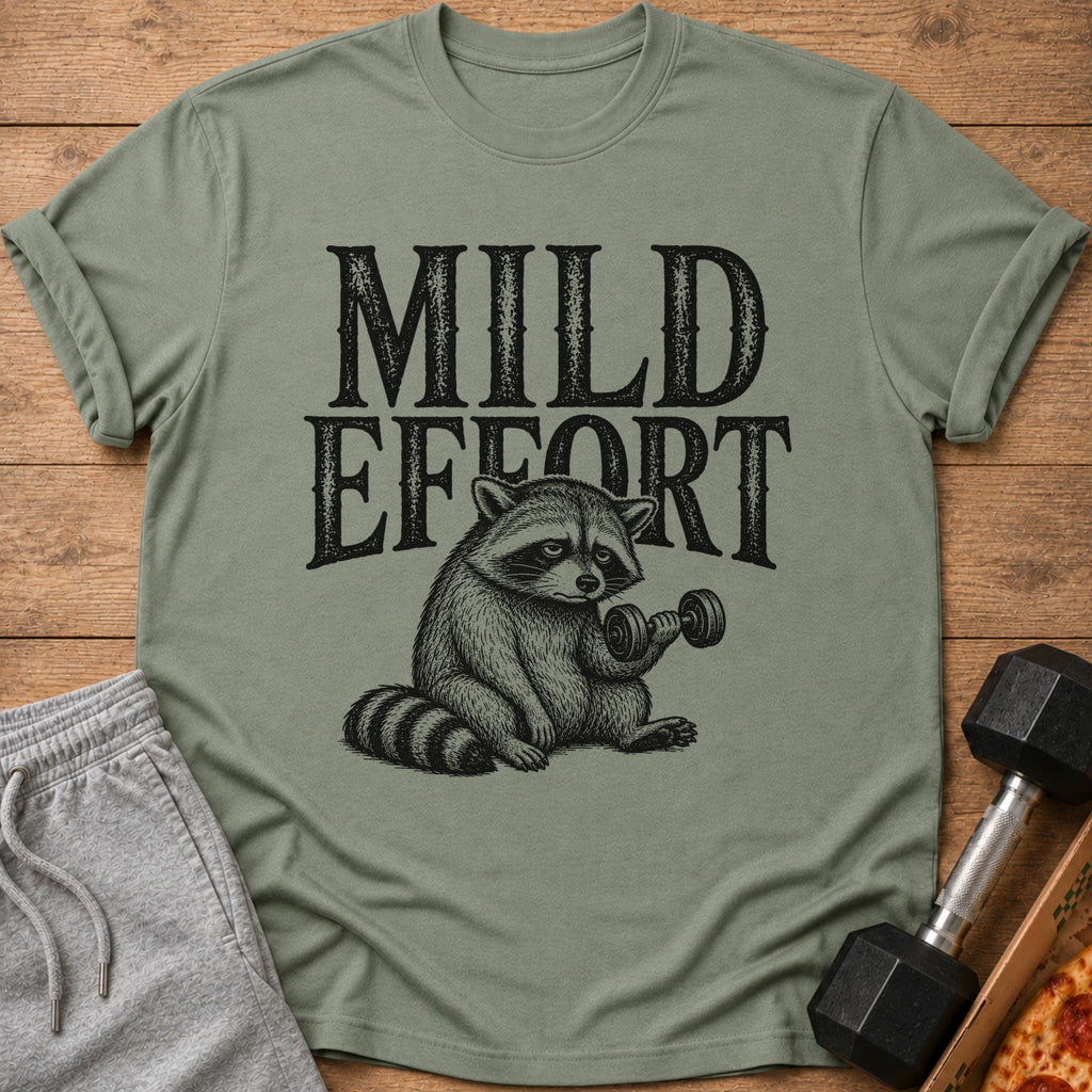 Green t-shirt with "Mild Effort" text and a raccoon lifting a dumbbell.