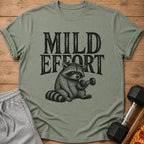Green t-shirt with "Mild Effort" text and a raccoon lifting a dumbbell.