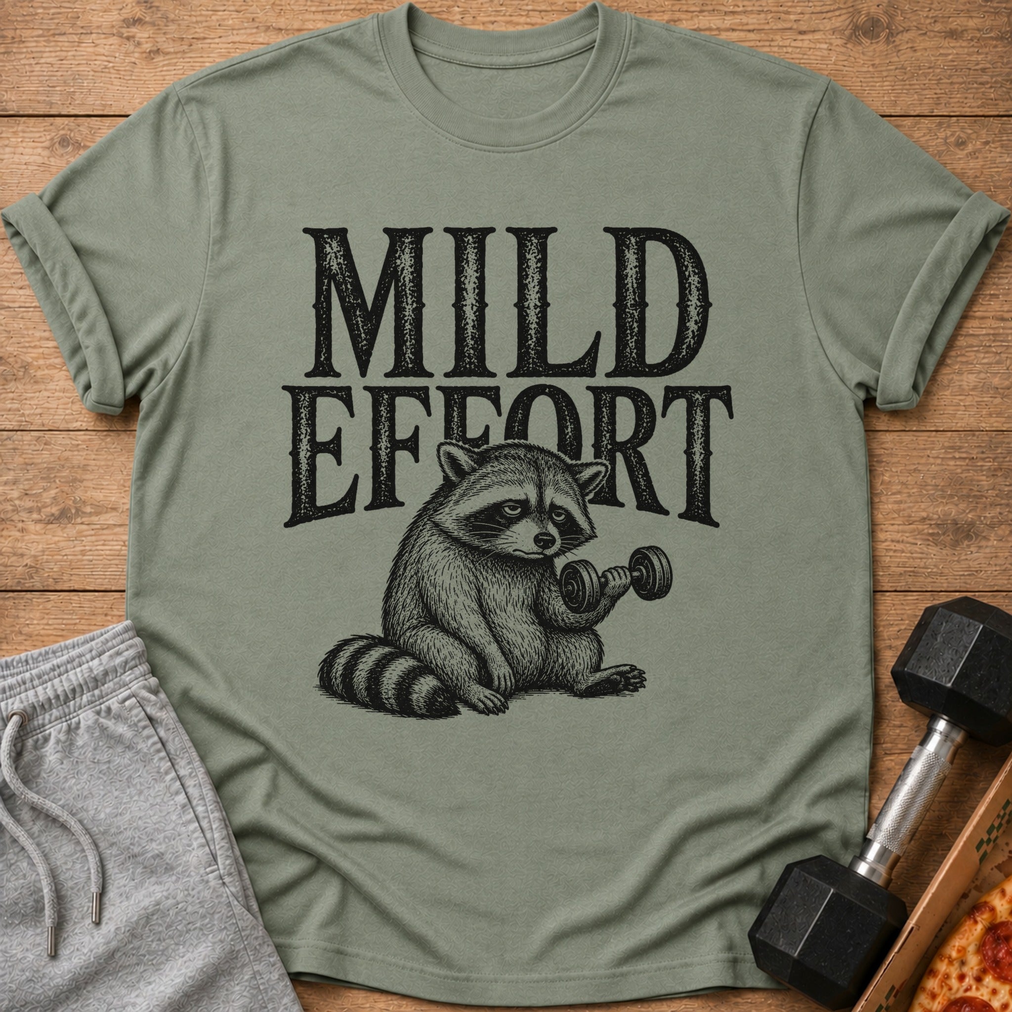 Green t-shirt with "Mild Effort" text and a raccoon lifting a dumbbell.