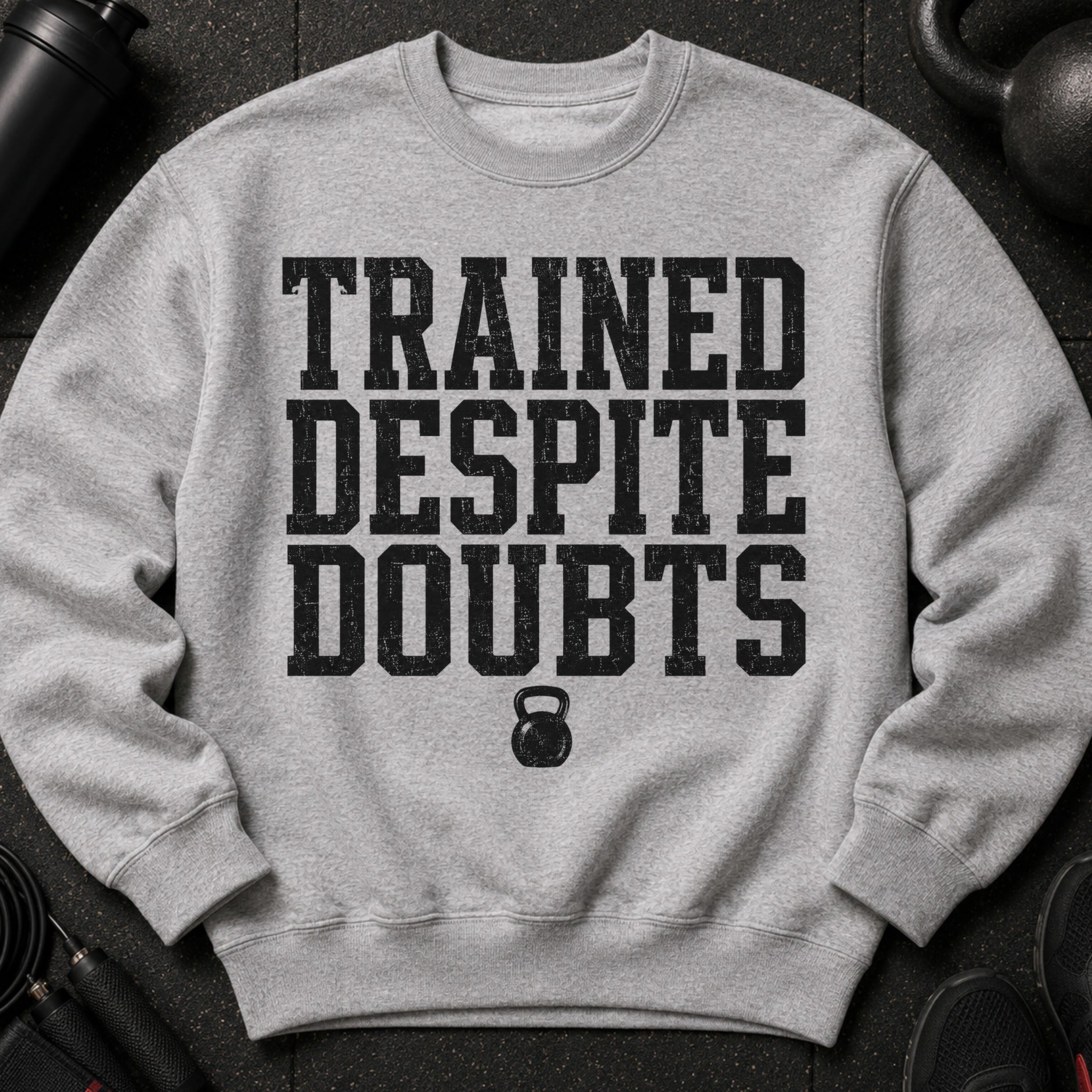Gray sweatshirt with "TRAINED DESPITE DOUBTS" text and kettlebell graphic.