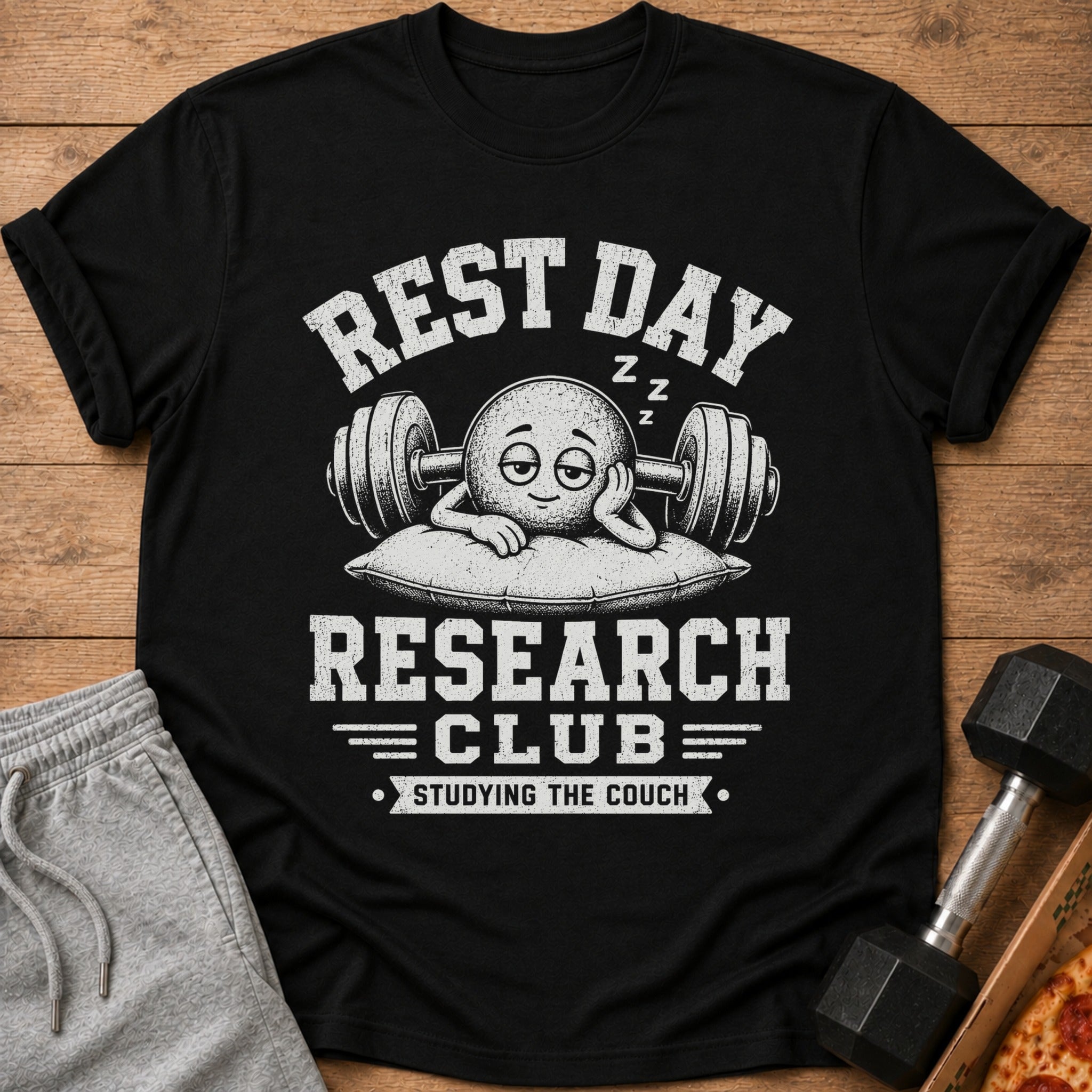 Black t-shirt with "Rest Day Research Club Studying The Couch" text and sleeping barbell graphic.