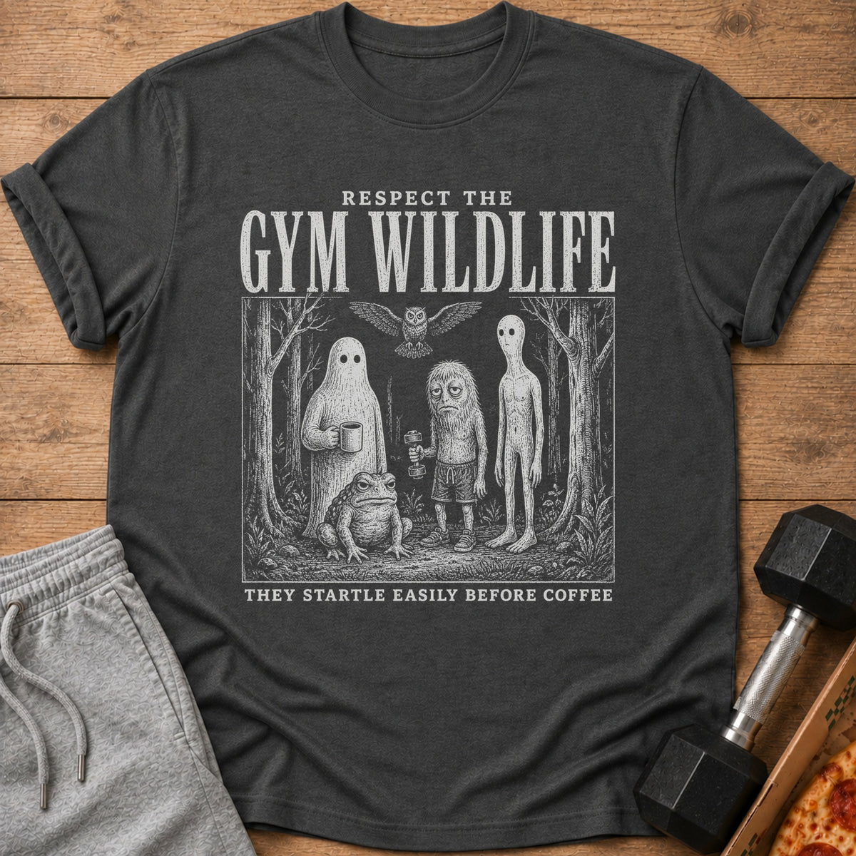 Dark grey t-shirt with "Respect the Gym Wildlife" and woodland creatures.