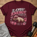 Maroon t-shirt with a cat wearing sunglasses and headband with text "LOW ENERGY LEGEND".