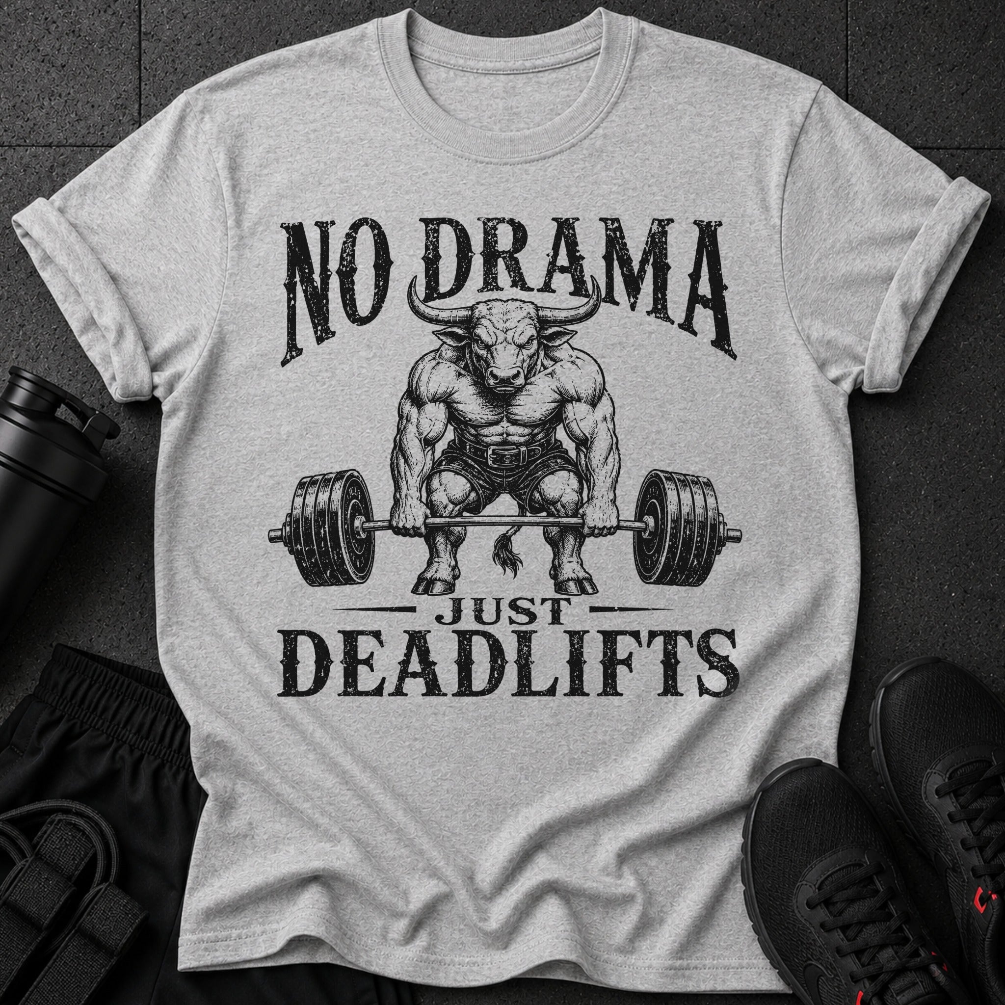 Grey t-shirt with black graphic: "NO DRAMA JUST DEADLIFTS" over a muscular bull.