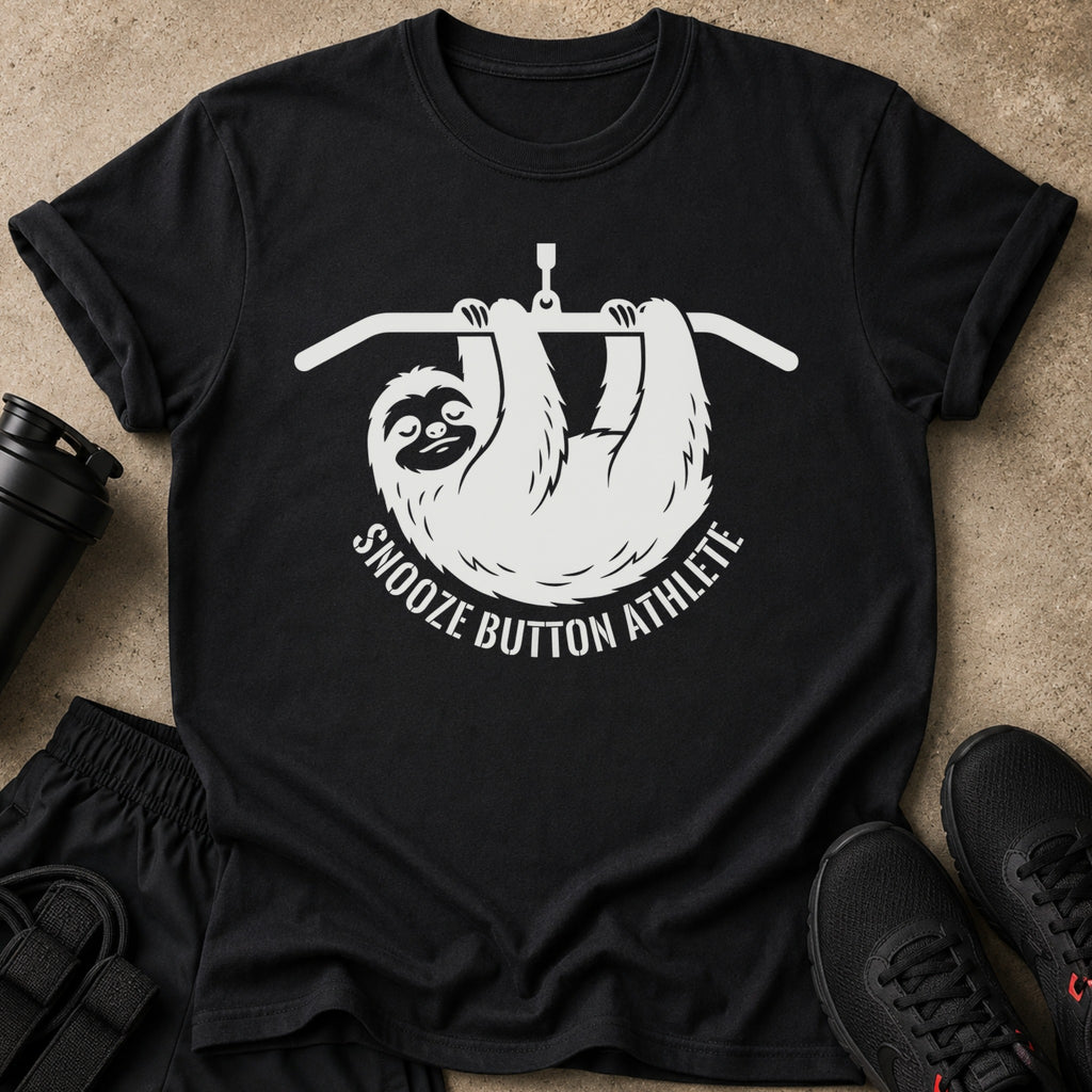 Black t-shirt with white sloth graphic and text "Snooze Button Athlete".