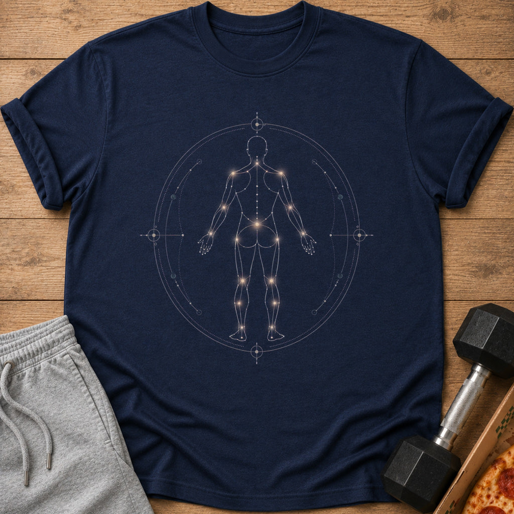 Navy t-shirt with a geometric human body outline and constellation points.