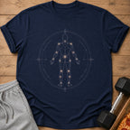 Navy t-shirt with a geometric human body outline and constellation points.