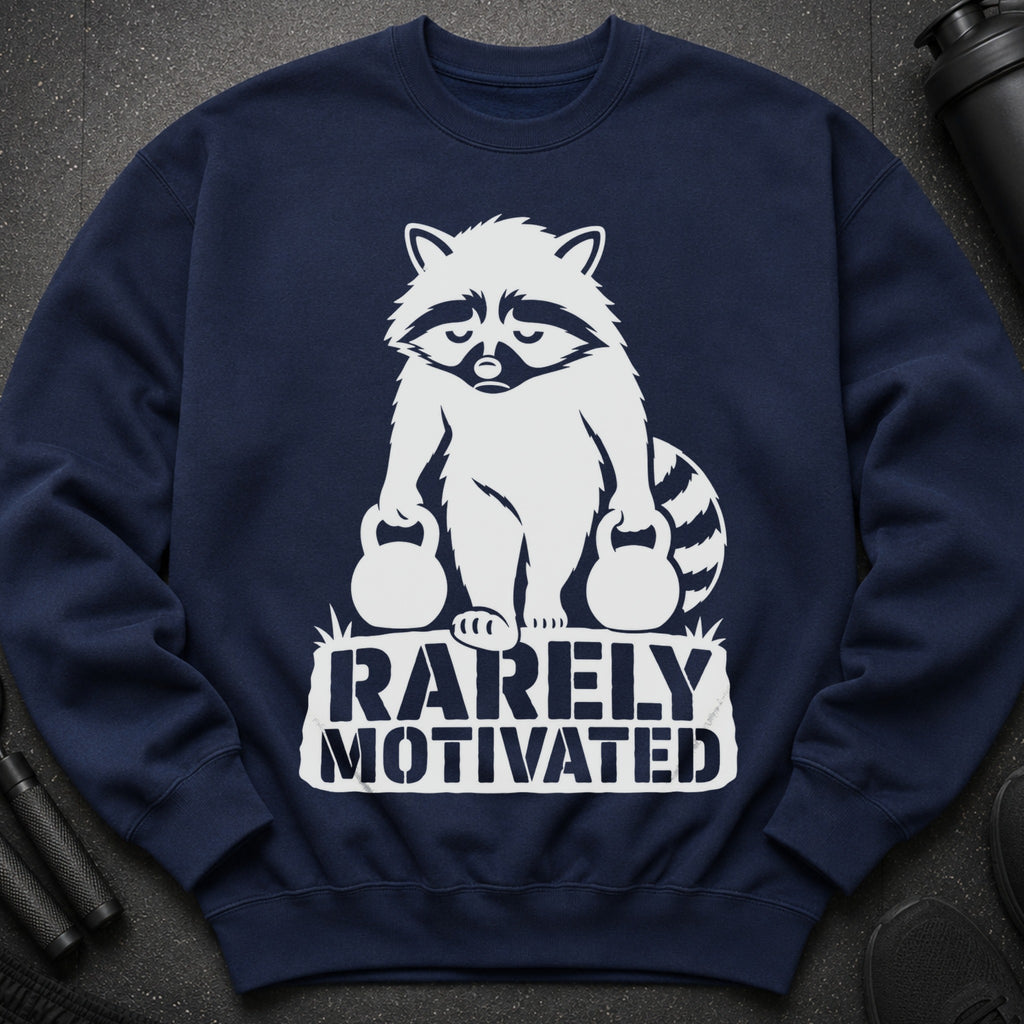 Navy sweatshirt with a white graphic of a raccoon holding two kettlebells and the text "RARELY MOTIVATED".