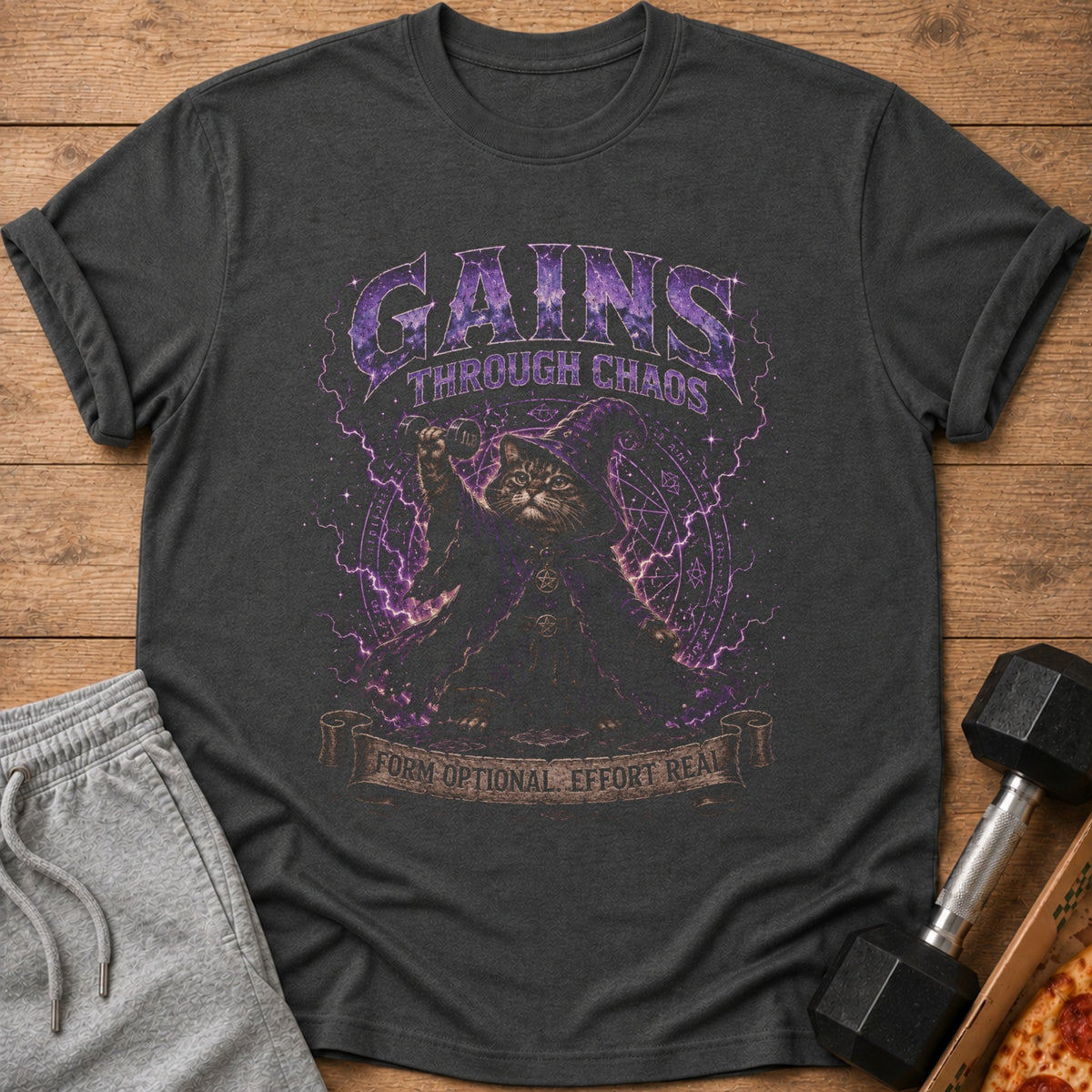 Dark t-shirt with a wizard cat lifting a dumbbell, "Gains Through Chaos" text.