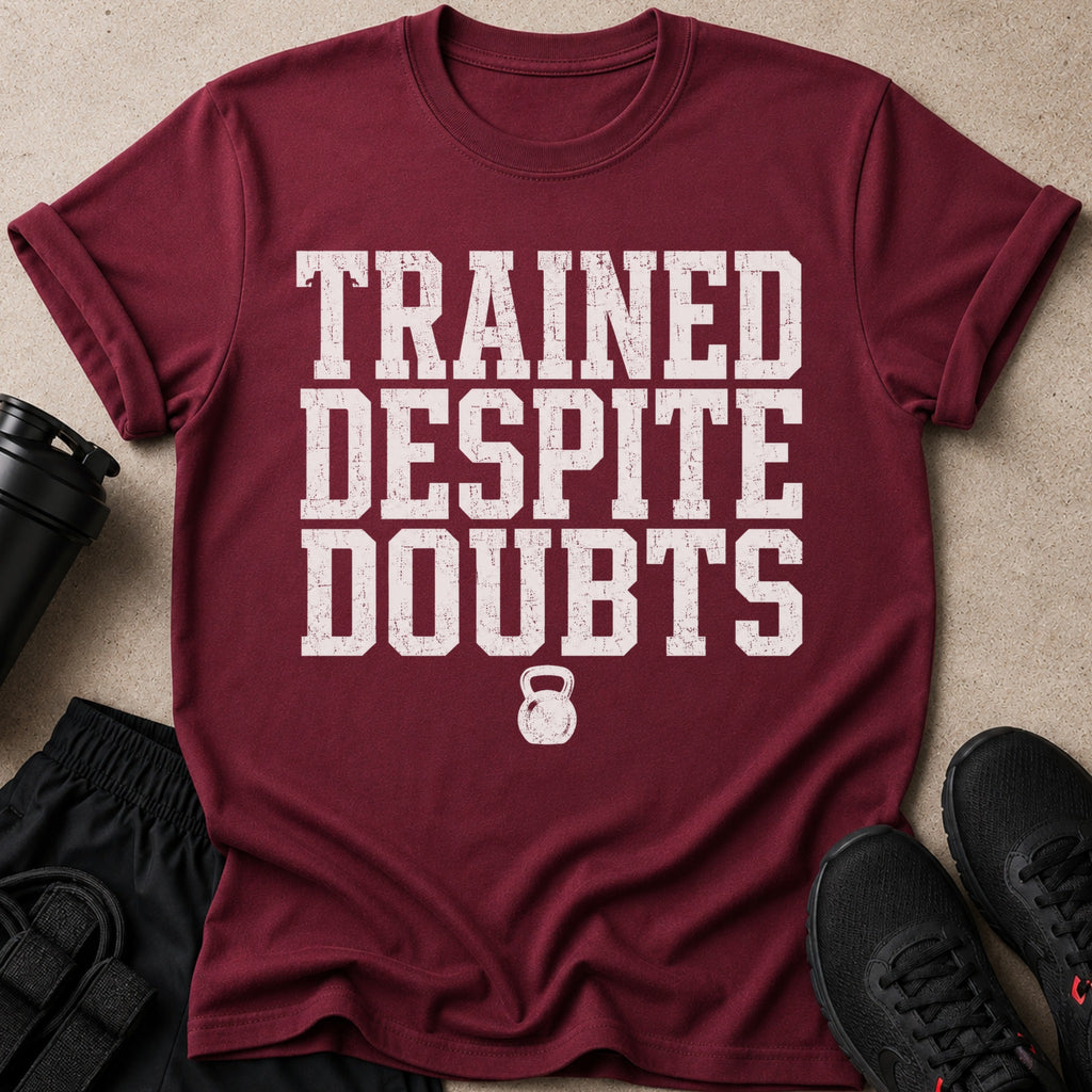 Maroon t-shirt with distressed white text "TRAINED DESPITE DOUBTS" and a kettlebell icon.
