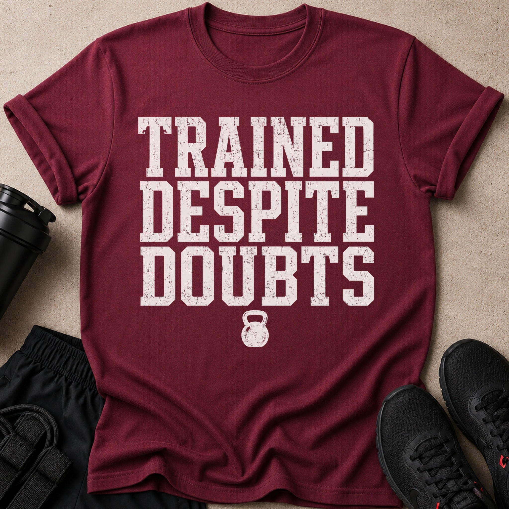 Maroon t-shirt with distressed white text "TRAINED DESPITE DOUBTS" and a kettlebell icon.