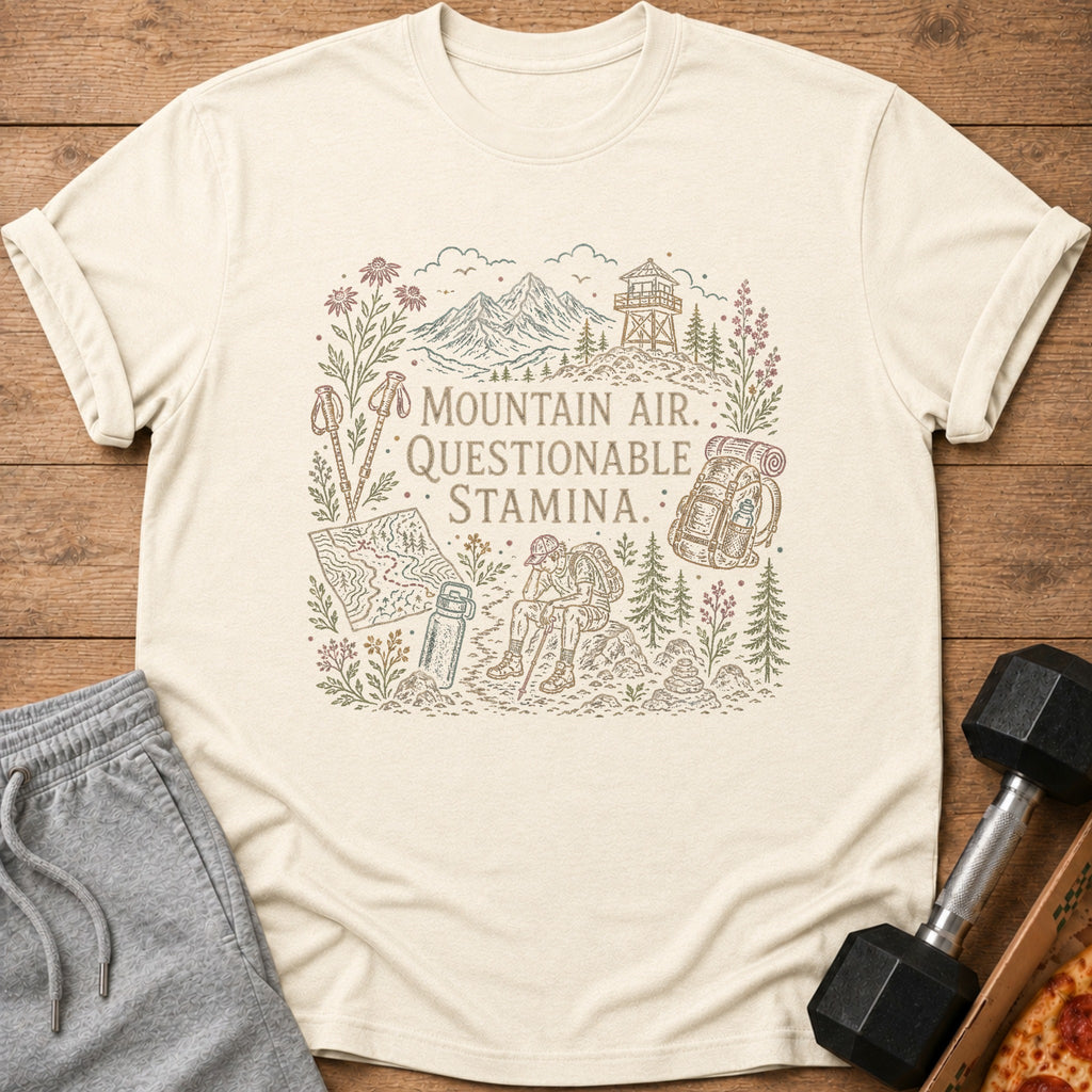 T-shirt with "Mountain Air. Questionable Stamina." text and hiking illustration.