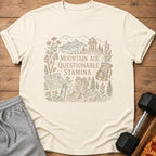 T-shirt with "Mountain Air. Questionable Stamina." text and hiking illustration.