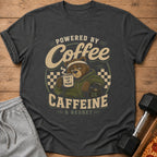 T-shirt with a bear holding coffee, "Powered by Coffee, Caffeine & Regret" text.