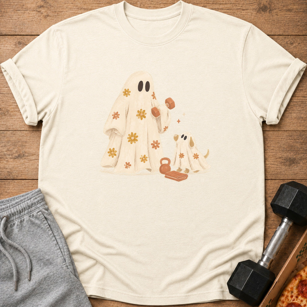 Cream t-shirt with a graphic of a ghost and ghost dog lifting weights.