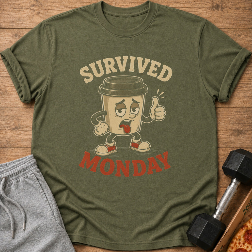 Olive green t-shirt with cartoon coffee cup graphic saying "SURVIVED MONDAY".