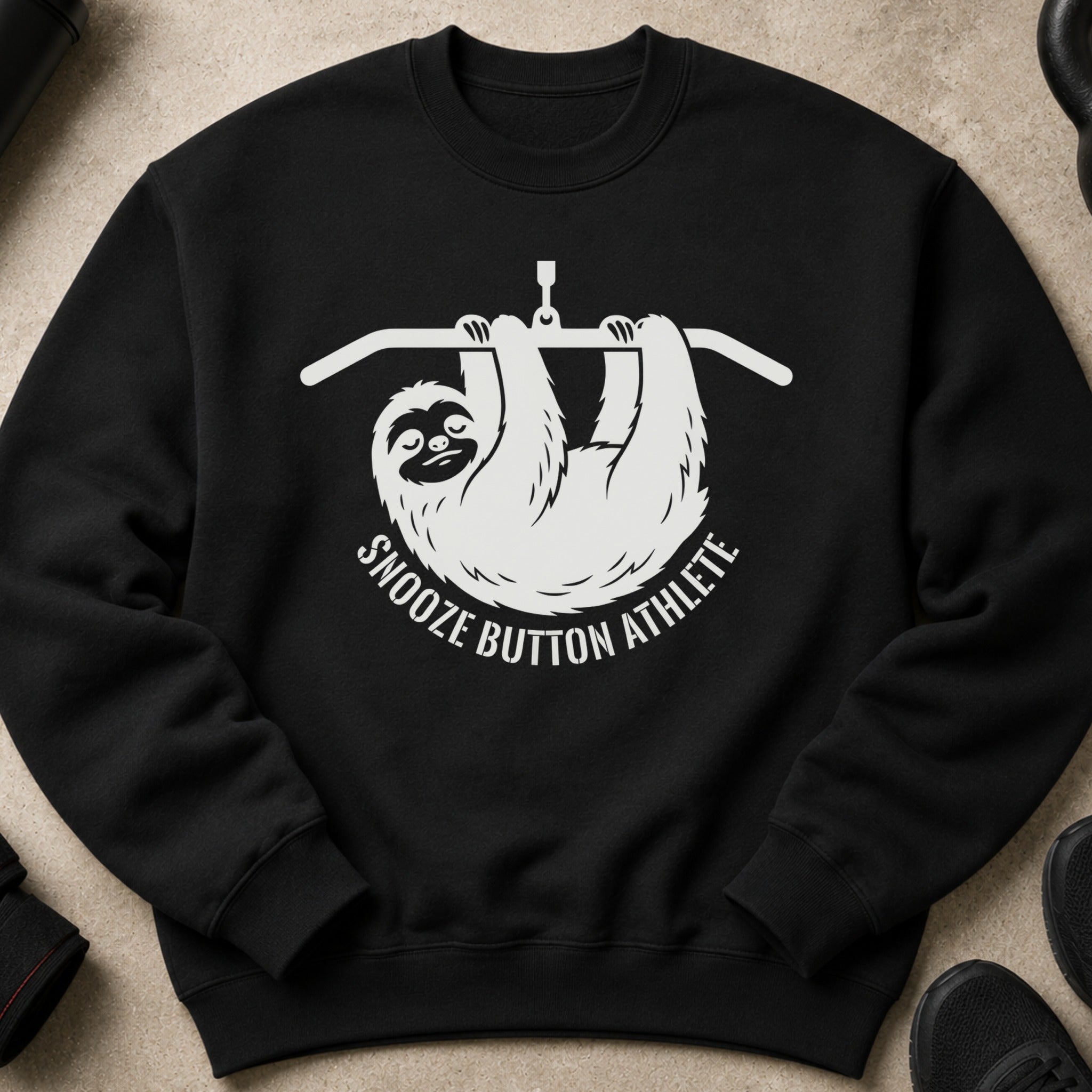Black sweatshirt with white graphic of a sloth hanging from a bar, reading "SNOOZE BUTTON ATHLETE".