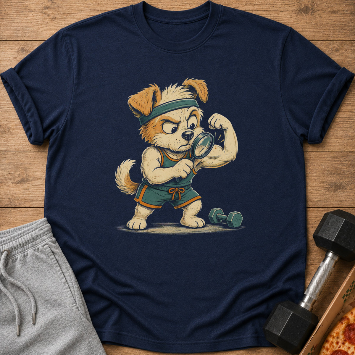 Navy t-shirt with cartoon dog examining bicep with magnifying glass.
