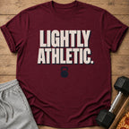 Maroon t-shirt with "LIGHTLY ATHLETIC." text and a kettlebell graphic.