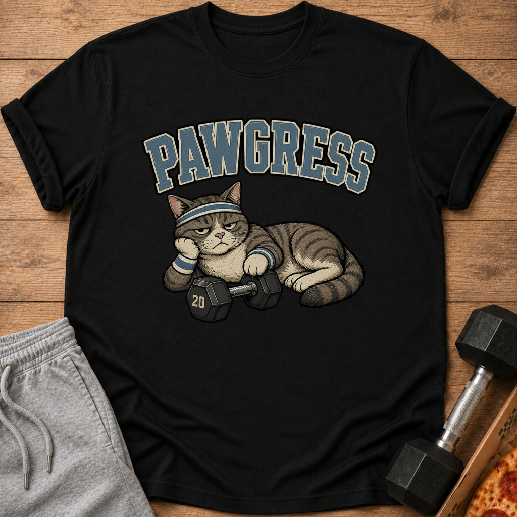 Black t-shirt with "PAWGRESS" text and a tired cat with a dumbbell.