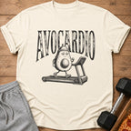 T-shirt with avocado running on treadmill and "AVOCARDIO" text.